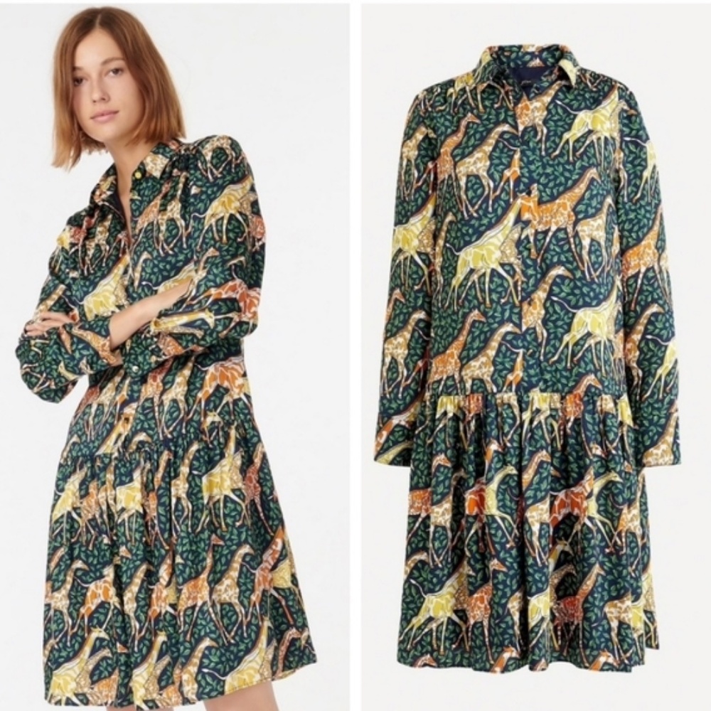 EUC J. Crew Giraffe Shirt Dress Shirtdress Ruffle Hem Size XL